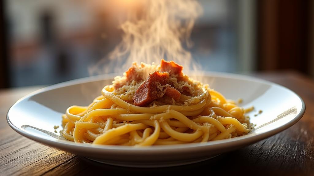 Un piatto fumante di Carbonara autentica romana sul tavolino di Eolo's Table